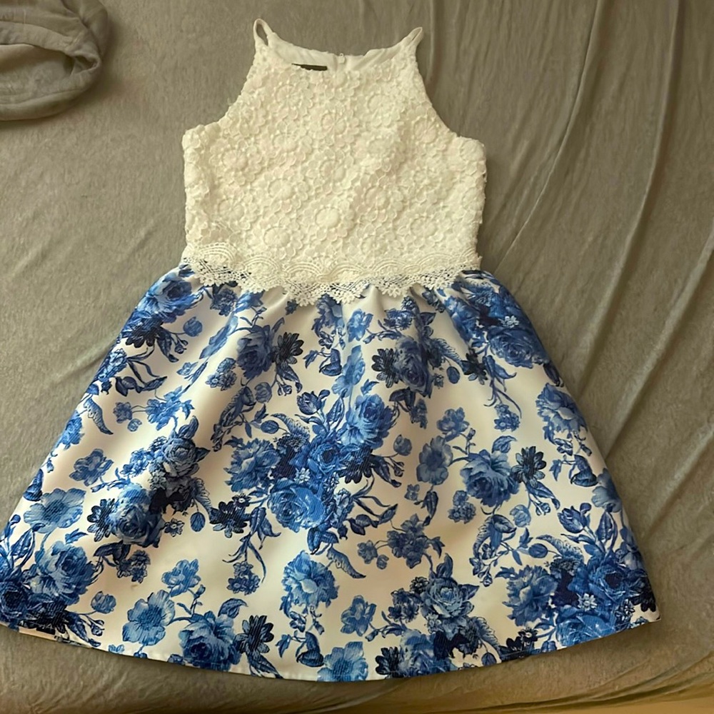 Royal blue floral dress with white lace top.